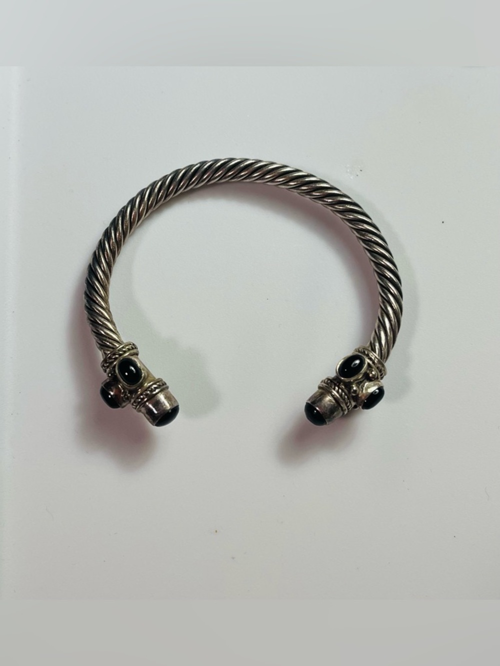 Vintage 90s Sterling-Style Twisted Silver Cuff Bracelet with Black Stone Accents